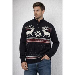 CHAPS Men’s Large Black Reindeer Fair Isle Christmas Sweater Mock Neck Cotton